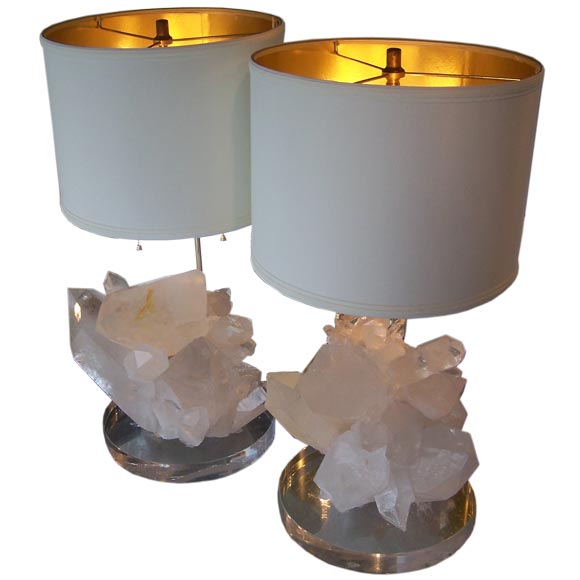 Fabulous Pair of Clear Quartz Table Lamps on Lucite
