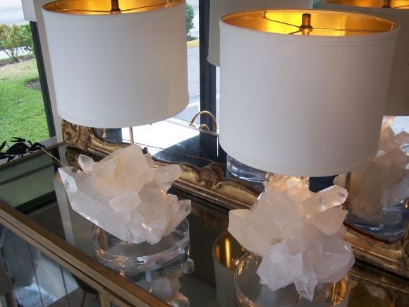 Contemporary Fabulous Pair of Clear Quartz Table Lamps on Lucite