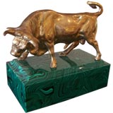 Polished Bronzed Bull on Faux Malachite Pedestal