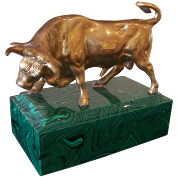 Polished Bronzed Bull on Faux Malachite Pedestal