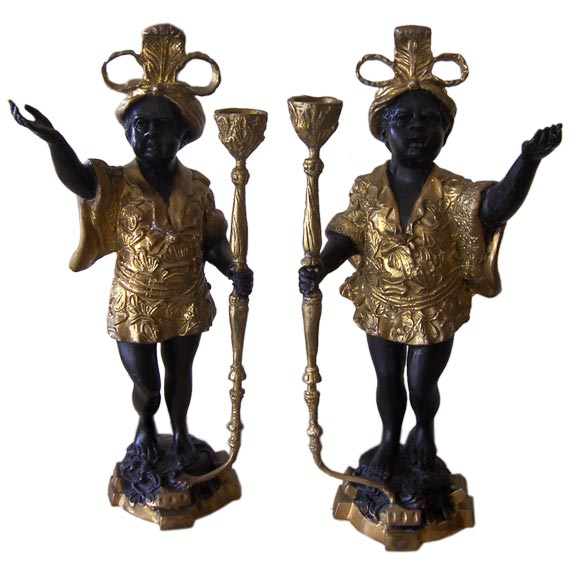 Pair of Black Moor Bronze Candle Holders