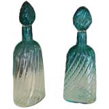 A Pair of Rare Turquoise Cenedese Decanters w/ Swirl Stoppers