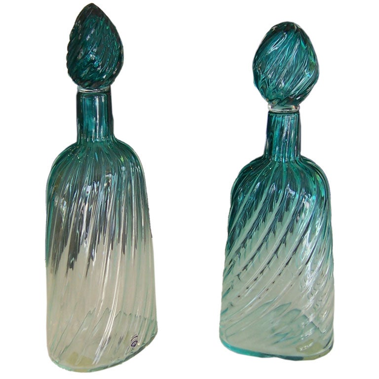 A Pair of Rare Turquoise Cenedese Decanters w/ Swirl Stoppers