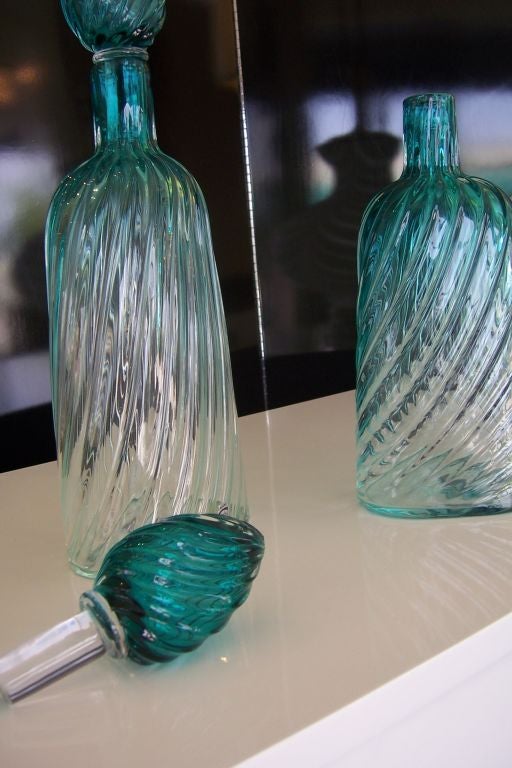 A Pair of Rare Turquoise Cenedese Decanters w/ Swirl Stoppers In Excellent Condition In Miami, FL