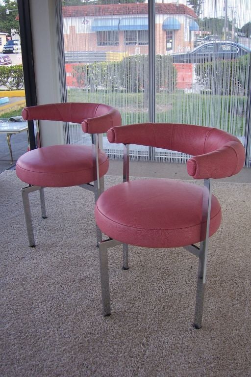 A Pair of Modern Crescent Back Chairs in Pink Leather