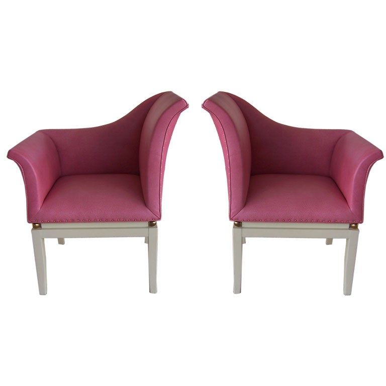 A Pair of Glamorous Hollywood Regency Pink Leather Chairs For Sale