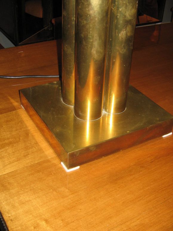 A Pair of Grand Scaled Brass, Lucite and Cane Table Lamps
