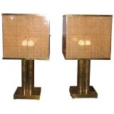 A Pair of Grand Scaled Brass, Lucite and Cane Table Lamps