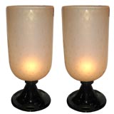 A Pair of Murano Glass Gold Specked Urn Lamps with Black Bases A Pair of Murano Glass Gold Specked Urn Lamps with Black Bases