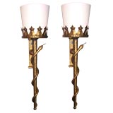 A Pair of Gilt Wrought Iron "Snake" Wall Sconces