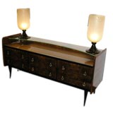 A Fabulous Six Drawer Credenza in Burl Walnut and Glass