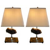 A Pair of Brass and Steel Table Lamps with Amethyst Details