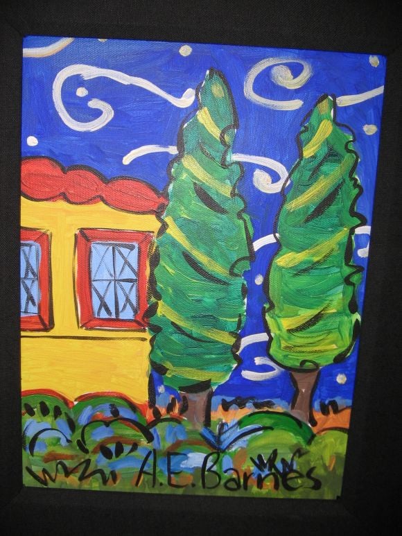 An original acrylic on canvas painting featuring a modern primative landscape scene of a yellow house with two pine trees by A. E. Barnes and is signed on the bottom right. Miss Barnes is a noted American artist who is collected by the likes of the