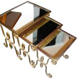Set of Three French gilded and mirrored Nesting Tables, ca. 1940