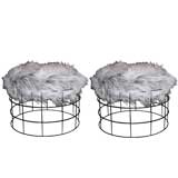 A Pair of Wire Stools with Faux Fur Cushions by Verner Panton