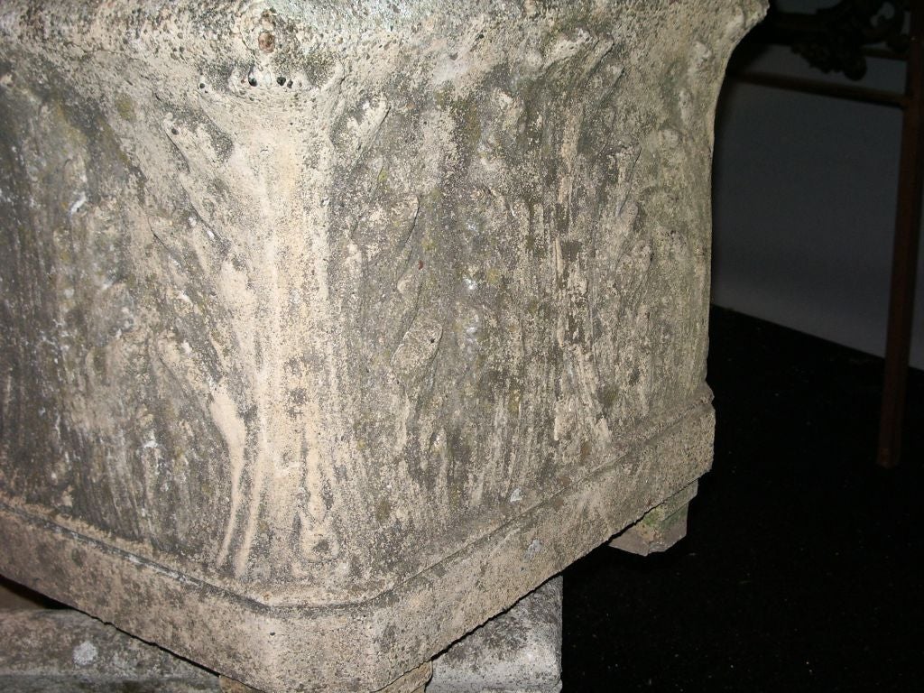 Pair of composition stone footed rectangular planters with acanthus leaf design.Wonderfully deep with 13 1/2 interior. Located in dealers warehouse.