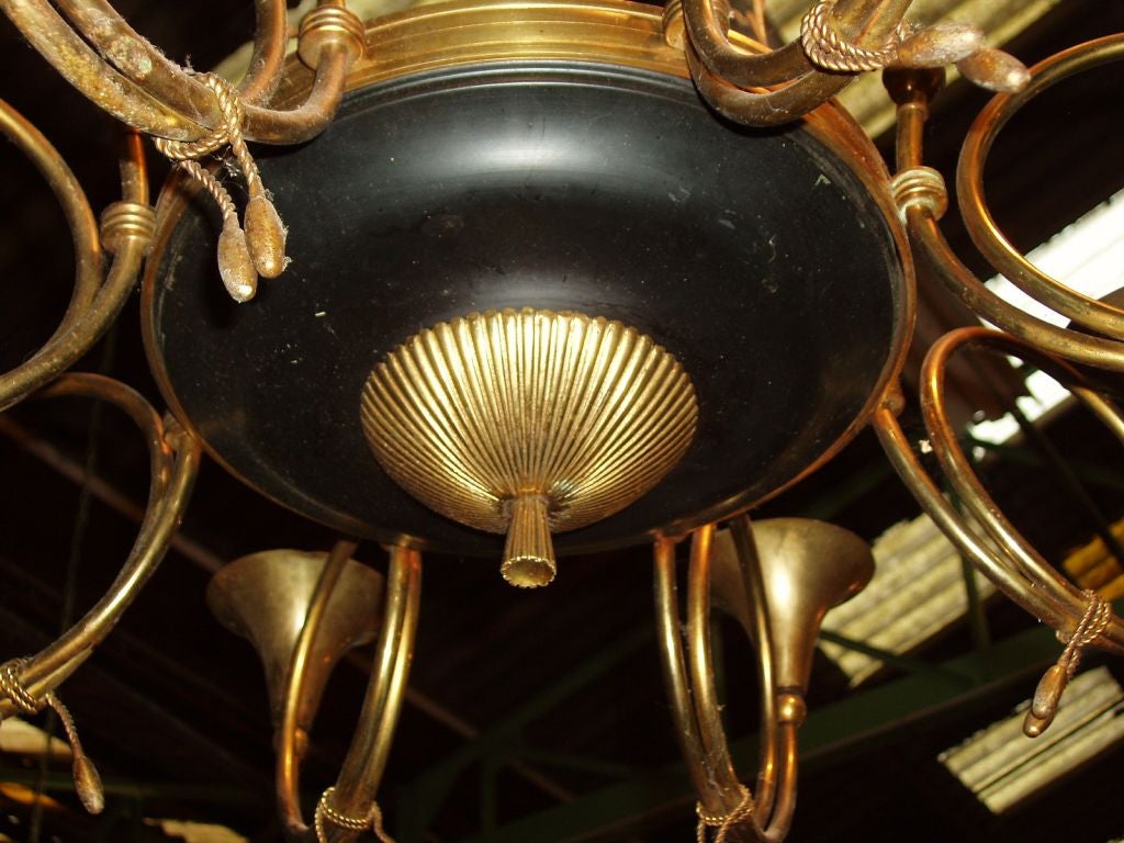 French 1940s Brass Horn Shape Eight-Arm Chandelier, France