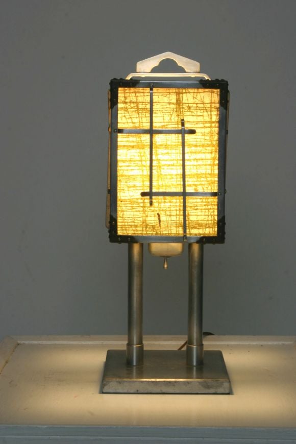 Aluminum Double Column Desk Lamp with Detachable Metal Shade. Shade constructed of Aluminum and Brass with Four Hand Painted Paper Panels. Exposed Aluminum Toggle switch. Exquisite Design with Great Form and Function. One of a Kind!