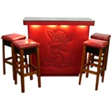 Vintage 1950's Red Vinyl Bar and 4 matching Barstools with Pin Up design