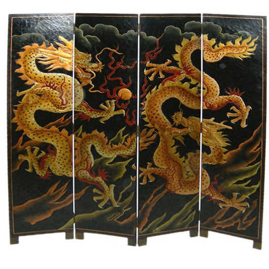 Four Panel Lacquered Double Dragon Screen