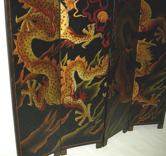 Chinese Four Panel Lacquered Double Dragon Screen