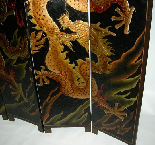 Mid-20th Century Four Panel Lacquered Double Dragon Screen