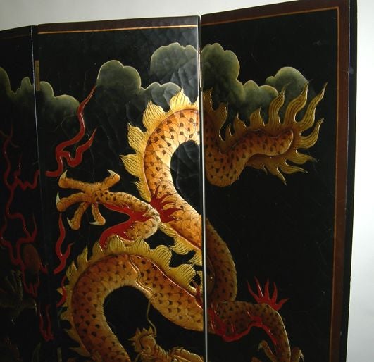 Wood Four Panel Lacquered Double Dragon Screen