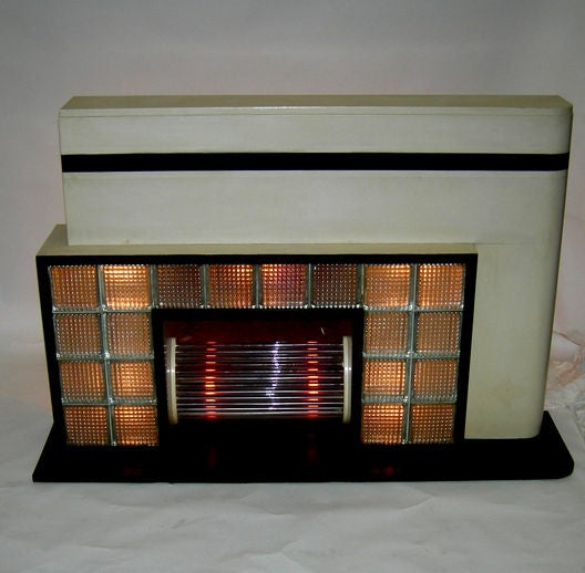 Wood Streamlined Lighted Art Deco Faux Fireplace