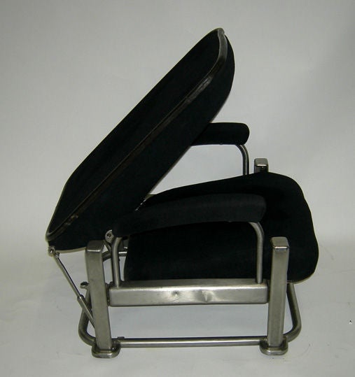 Famed industrial designer Henry Dreyfuss, best known for the Bell telephone casings, also was quite active in train design. This stylized seat adorned the interior of Dreyfuss' Twentieth Century Limited, launched in 1938. The chair frame is brushed