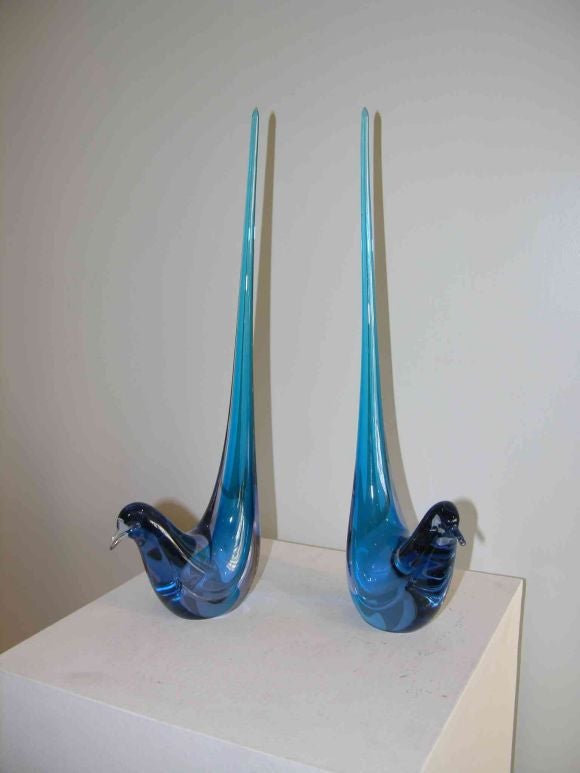 Pair of beautiful aqua blue Murano glass birds, with original labels.Provenance from the mantle of founder and CEO of Continental Airlines.