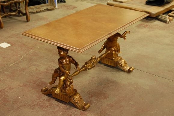 19th C. Painted Italian Carved Wood Table with Putti