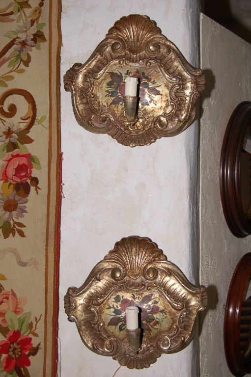 Louis XV ON SALE  Sconces Carved Wood Siver Gilt Polychrome Pair Rewired For Sale