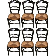 Set Of 6 Late 19th C French Rush Seat Chairs Fruitwood