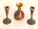 Old Cloisonné' Vase &Pair Of Candlesticks