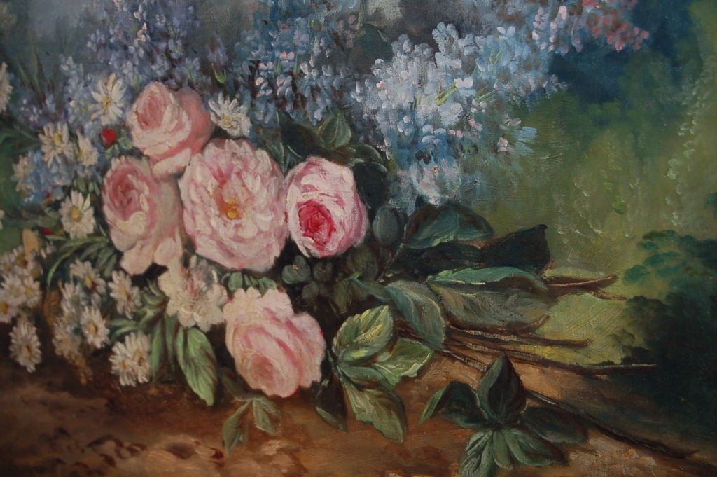 19th Century Floral Still Life Painting in Landscape Listed Artist DuBois In Excellent Condition In San Francisco, CA