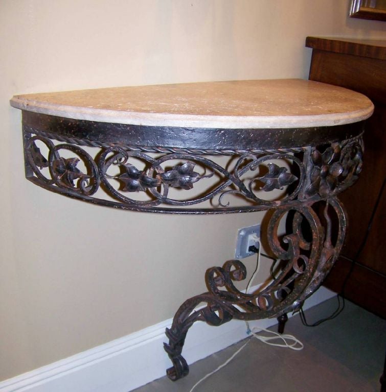 European Pair of Demilune Wrought Iron and Travertine Console Tables, Early 20th Century