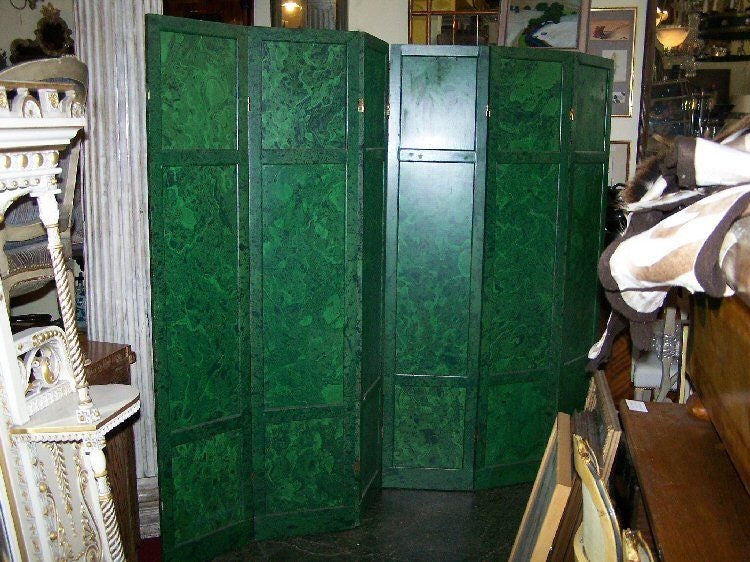 American Six Panel Hand Painted Faux Malachite Screen For Sale