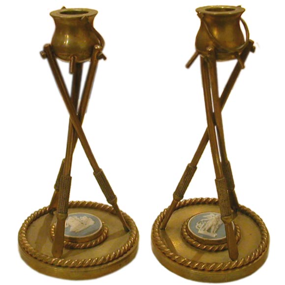 PAIR OF ENGLISH WEDGE WOOD BRASS CANDLESTICK