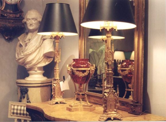 Pair Of Neogothic Ormolu Candle Prick Lamps