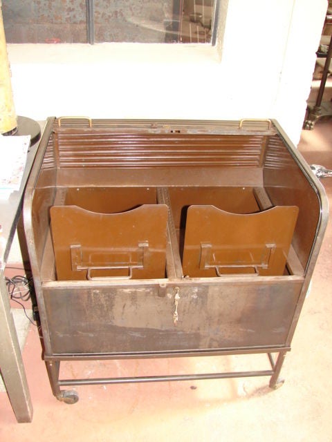 French Steel roll top filing cabinet on castors