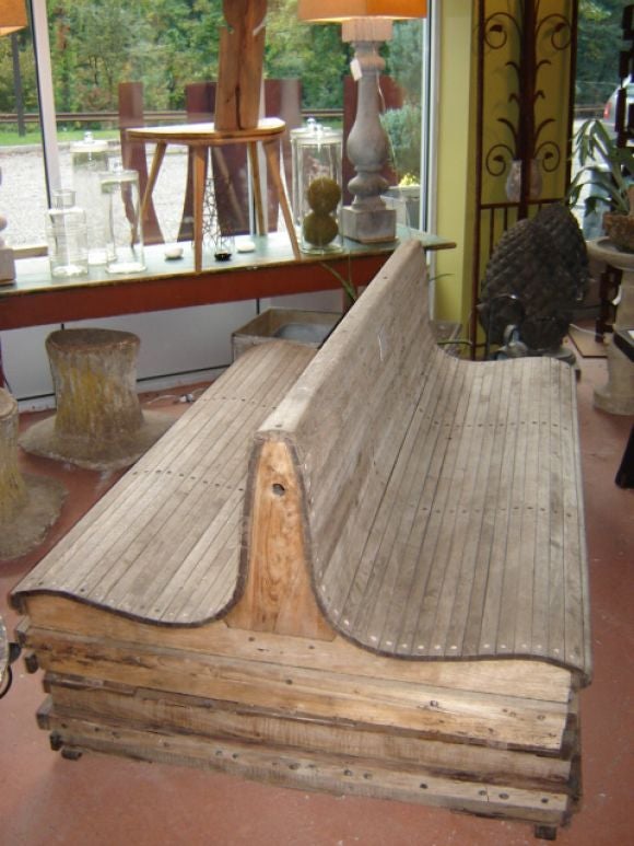 1950's double-sided teak steamer bench from the Mersey Ferry.  Top portion comes off to serve as liferaft.