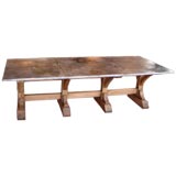 Zinc top oak trestle dining table