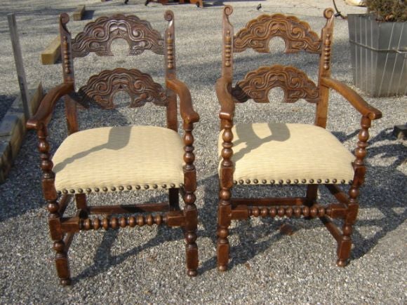 Set of 8 Belgian carved oak dining chairs