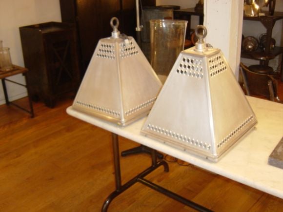 Pair of stainless steel French industrial hanging lights In Excellent Condition In Pound Ridge, NY