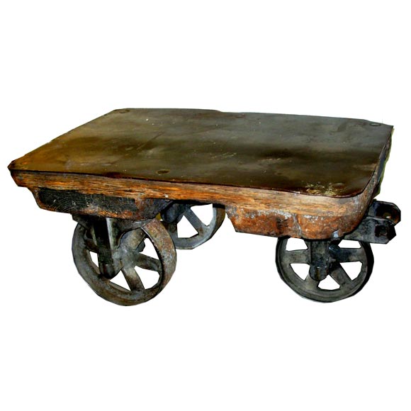 Antique small size industrial cart/coffee table with metal top