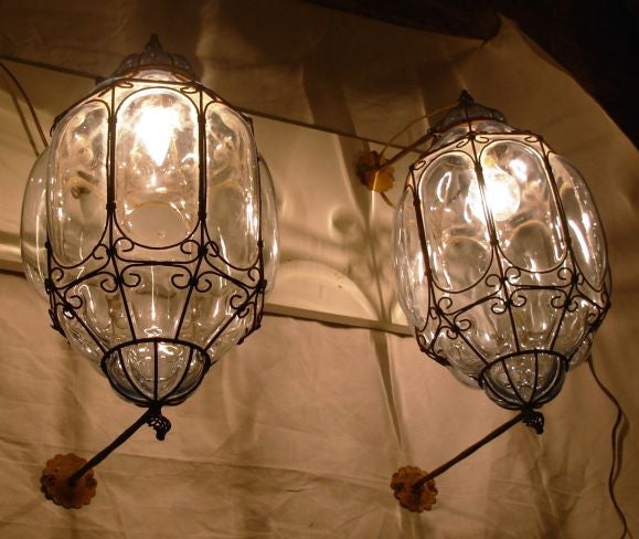 20th Century Outdoor indoor light blue Venetian glass/wrought iron lanterns
