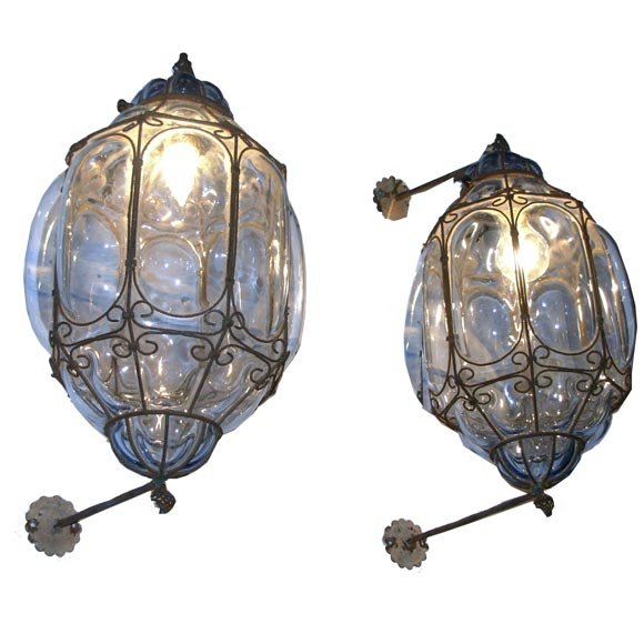 Outdoor indoor light blue Venetian glass/wrought iron lanterns