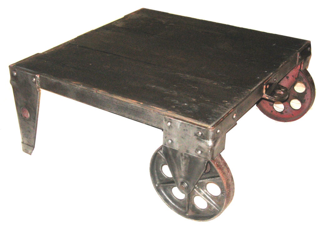 Metallic patina, black top industrial cart/coffee table