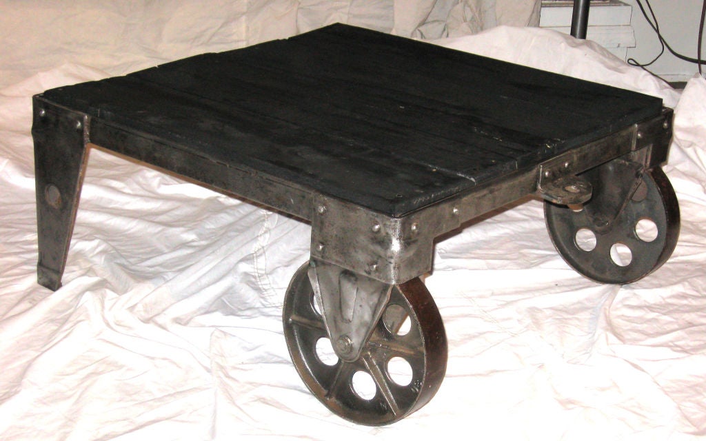 Metallic patina, black top industrial cart/coffee table