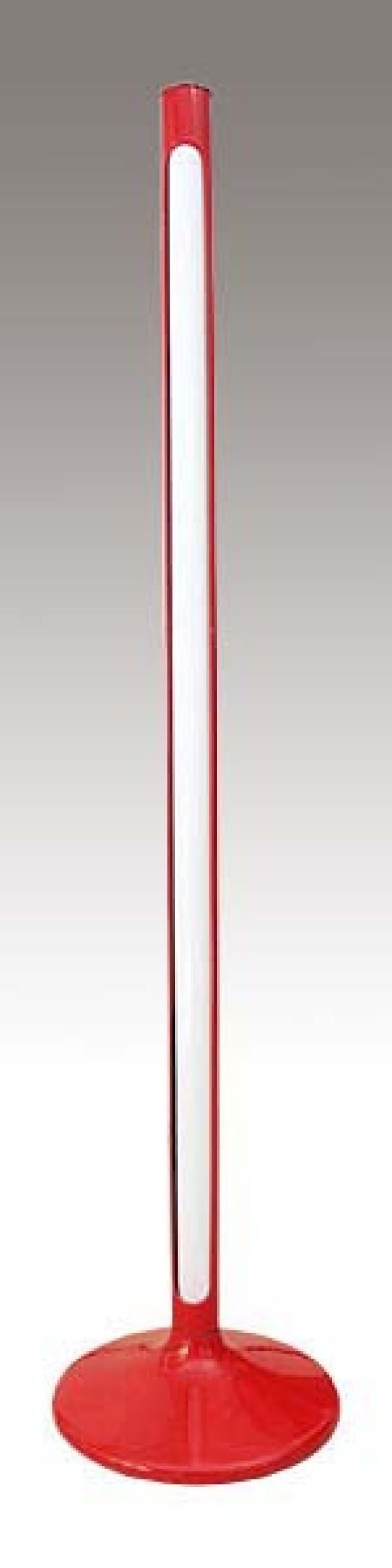 Bright red enameled metal shell holding one long fourescent tube. Lamp designed for George Pompidou's home.<br />
DIMENSIONS: 12 in. diameter x 53 in. high